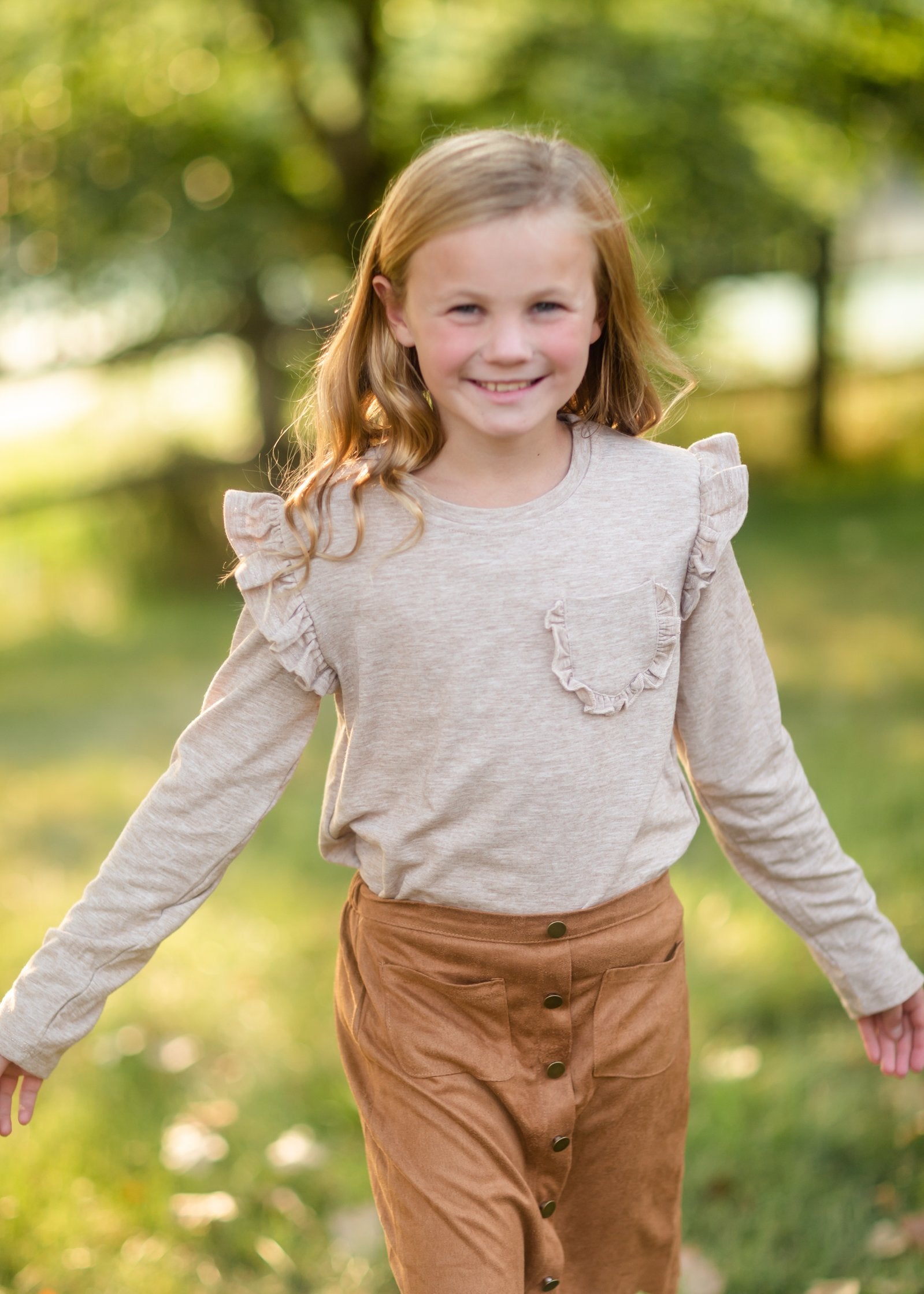 Girls Oatmeal Ruffle Pocket Top Girls Hayden Los Angeles