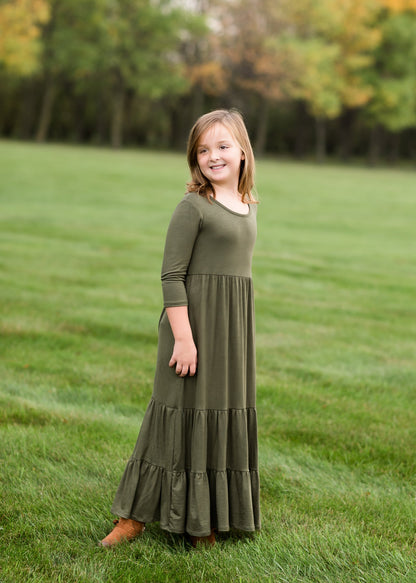 Girls Olive 3/4 Sleeve Tiered Maxi Dress Girls GTOG