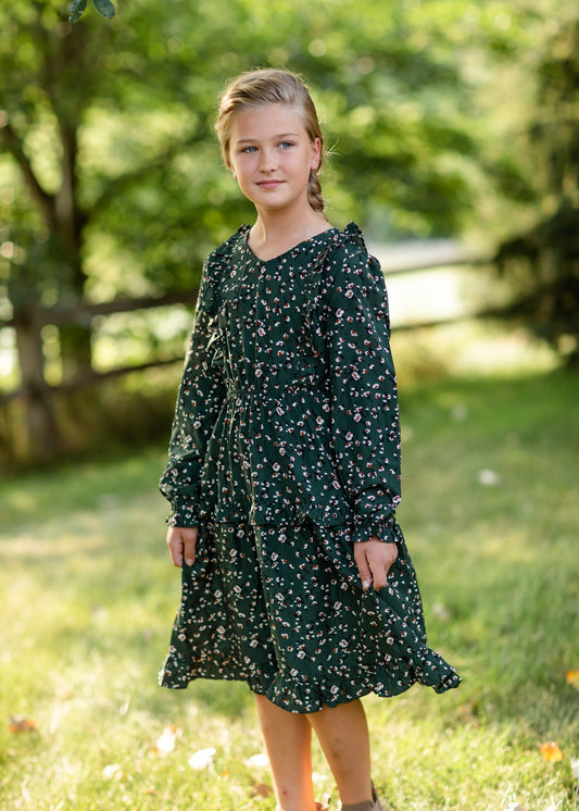 Girls Olive Ruffle Shoulder Floral Midi Dress Dresses Hayden