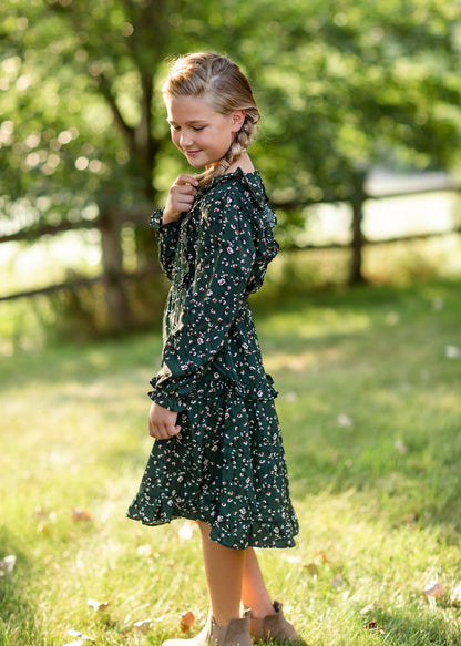 Girls Olive Ruffle Shoulder Floral Midi Dress Dresses Hayden