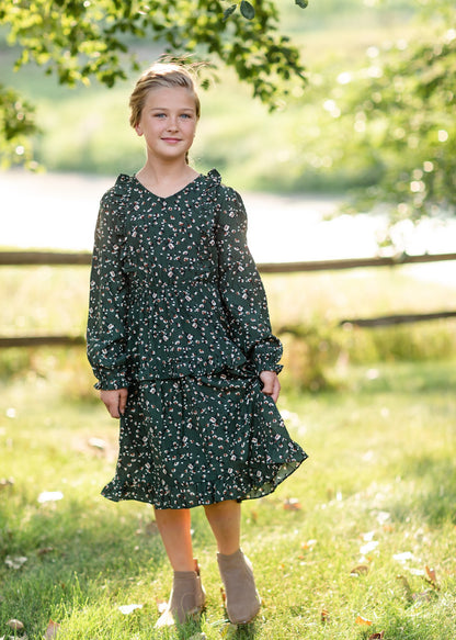 Girls Olive Ruffle Shoulder Floral Midi Dress Dresses Hayden