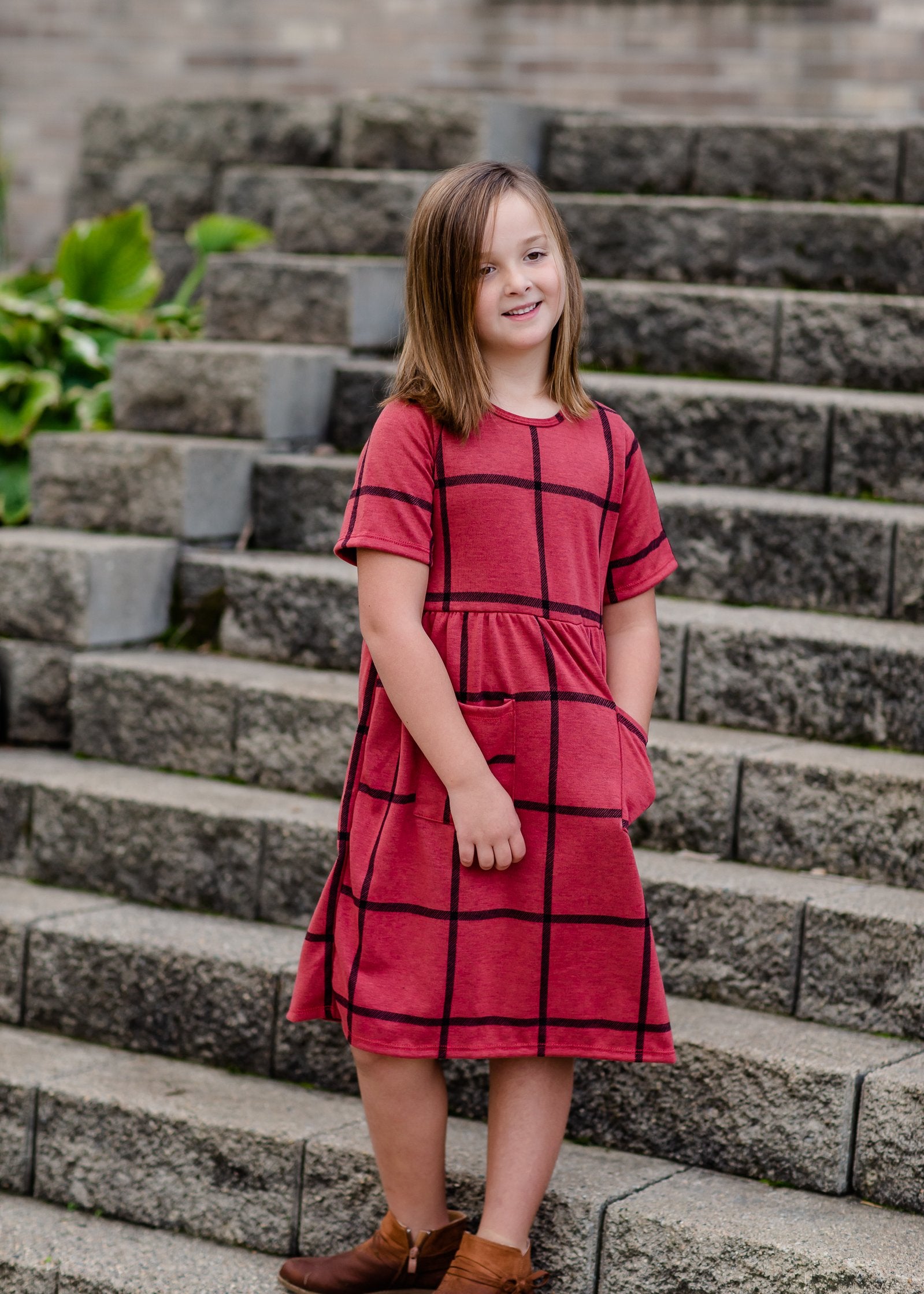 Girls Round Neck Grid Pattern Midi Dress Girls Woodmouse & Thistle