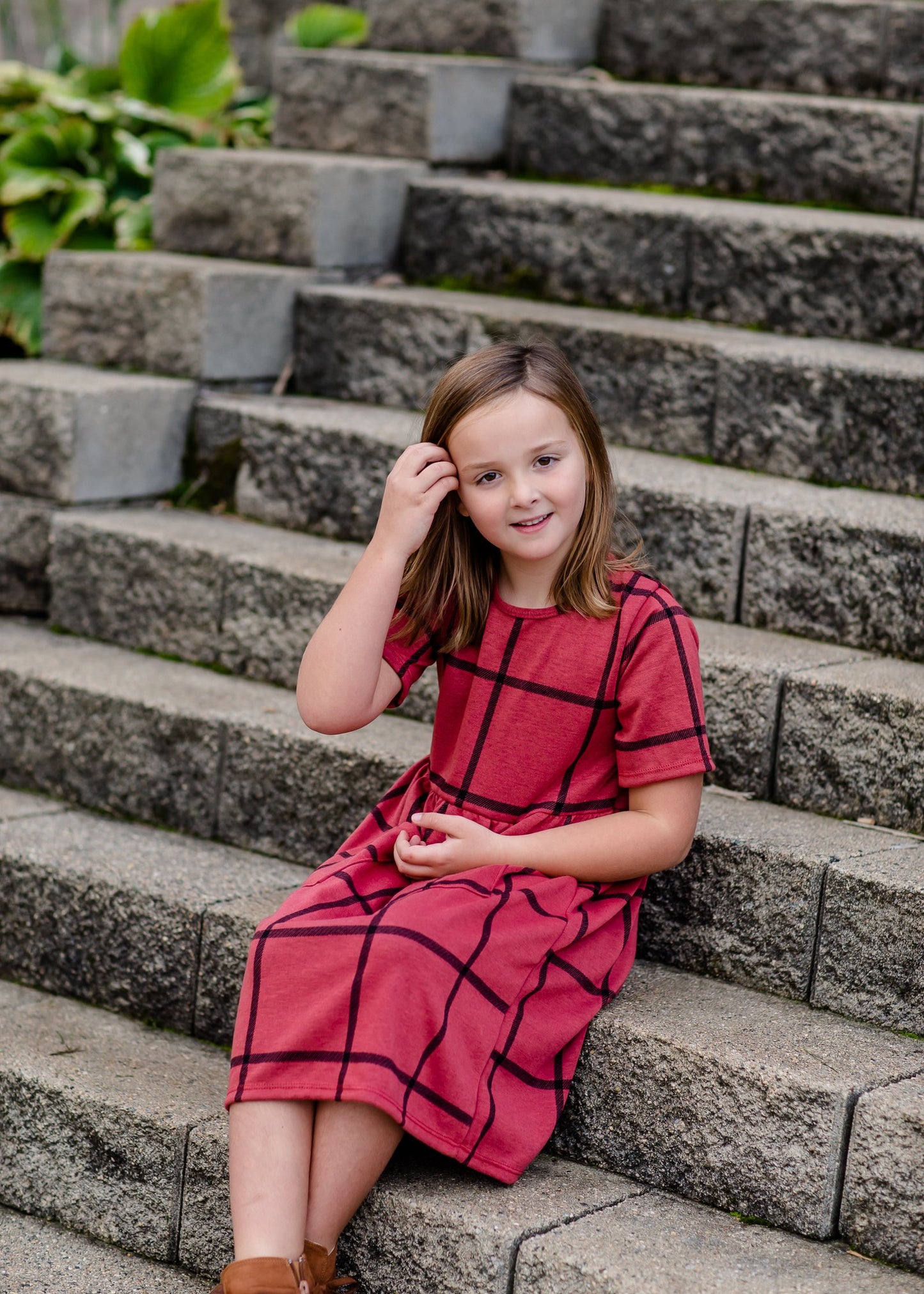 Girls Round Neck Grid Pattern Midi Dress Girls Woodmouse & Thistle