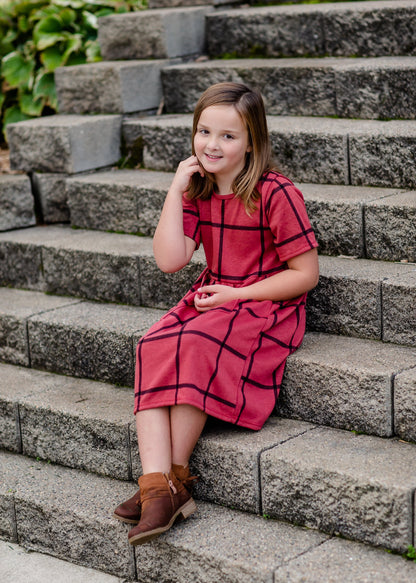 Girls Round Neck Grid Pattern Midi Dress Girls Woodmouse & Thistle