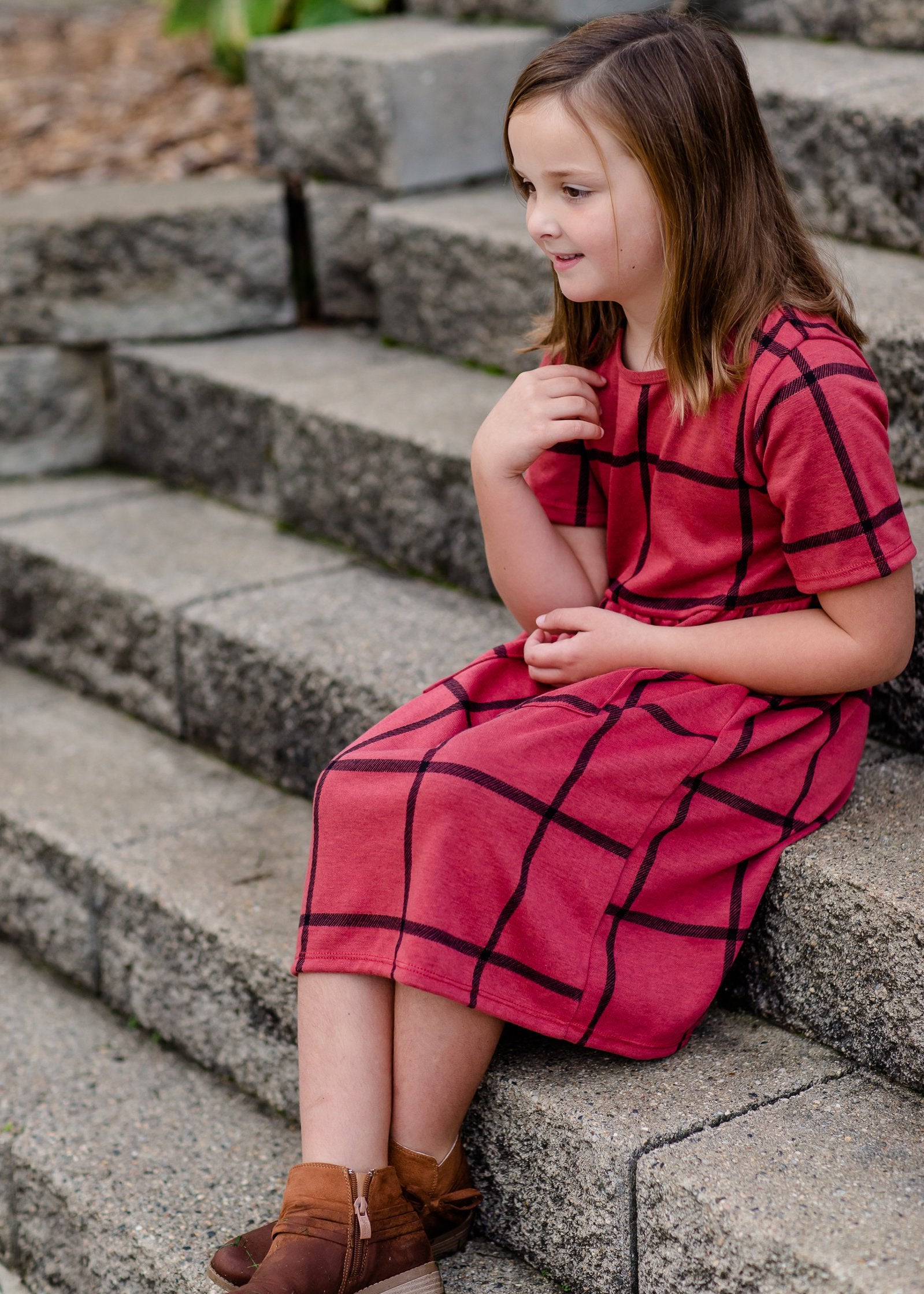 Girls Round Neck Grid Pattern Midi Dress Girls Woodmouse & Thistle