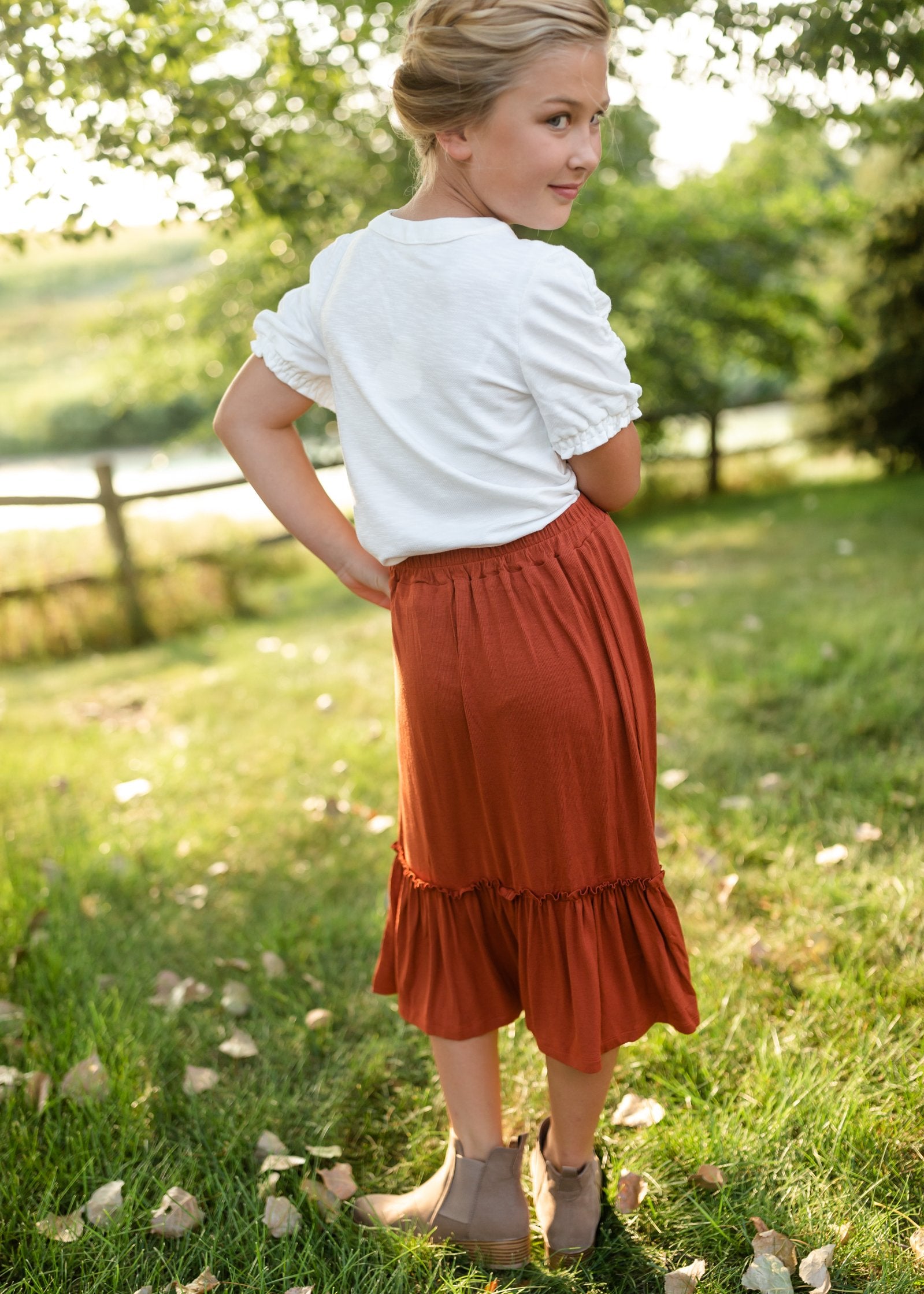 Girls Ruffled Knit Elastic Waist Midi Skirt Skirts Hayden