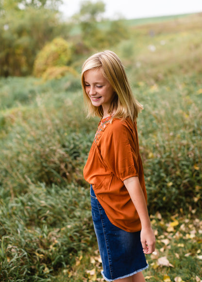 Girls Rust Floral Embroidered Top - FINAL SALE Shirt