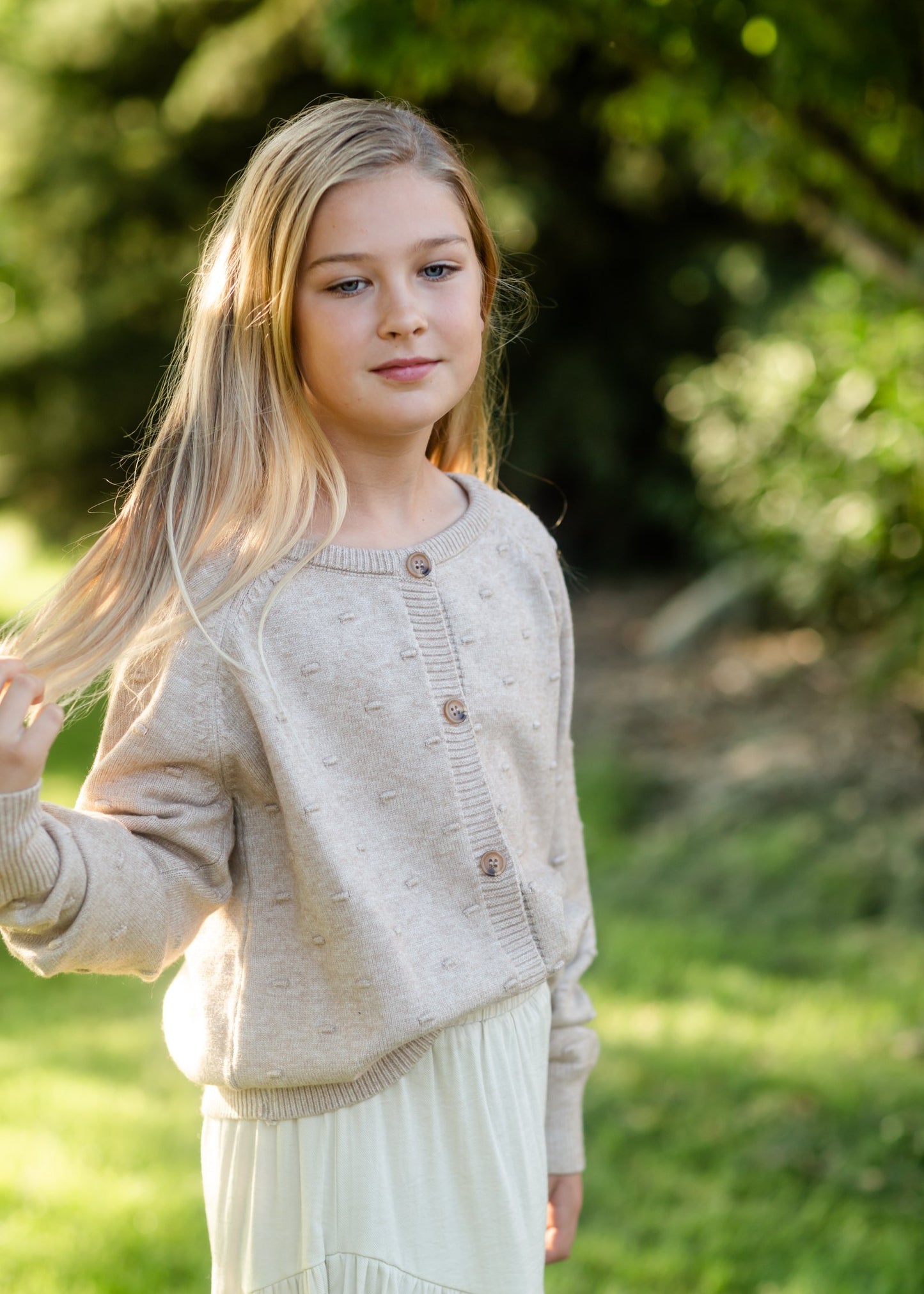 Girls Taupe Knit Swiss Dot Button Cardigan Girls Hayden Los Angeles