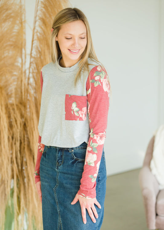 Gray and Floral Contrast Burgundy Top - FINAL SALE Top