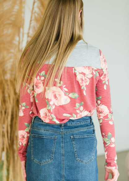 Gray and Floral Contrast Burgundy Top - FINAL SALE Top