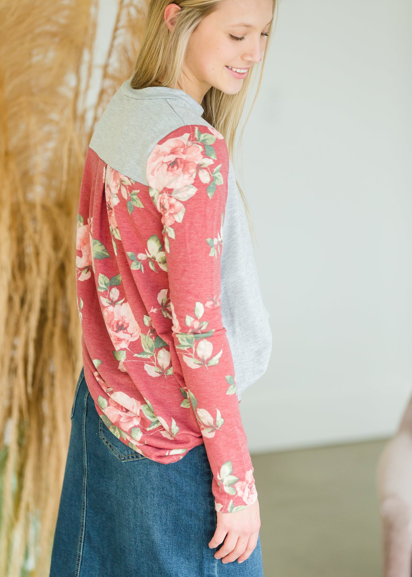 Gray and Floral Contrast Burgundy Top - FINAL SALE Top