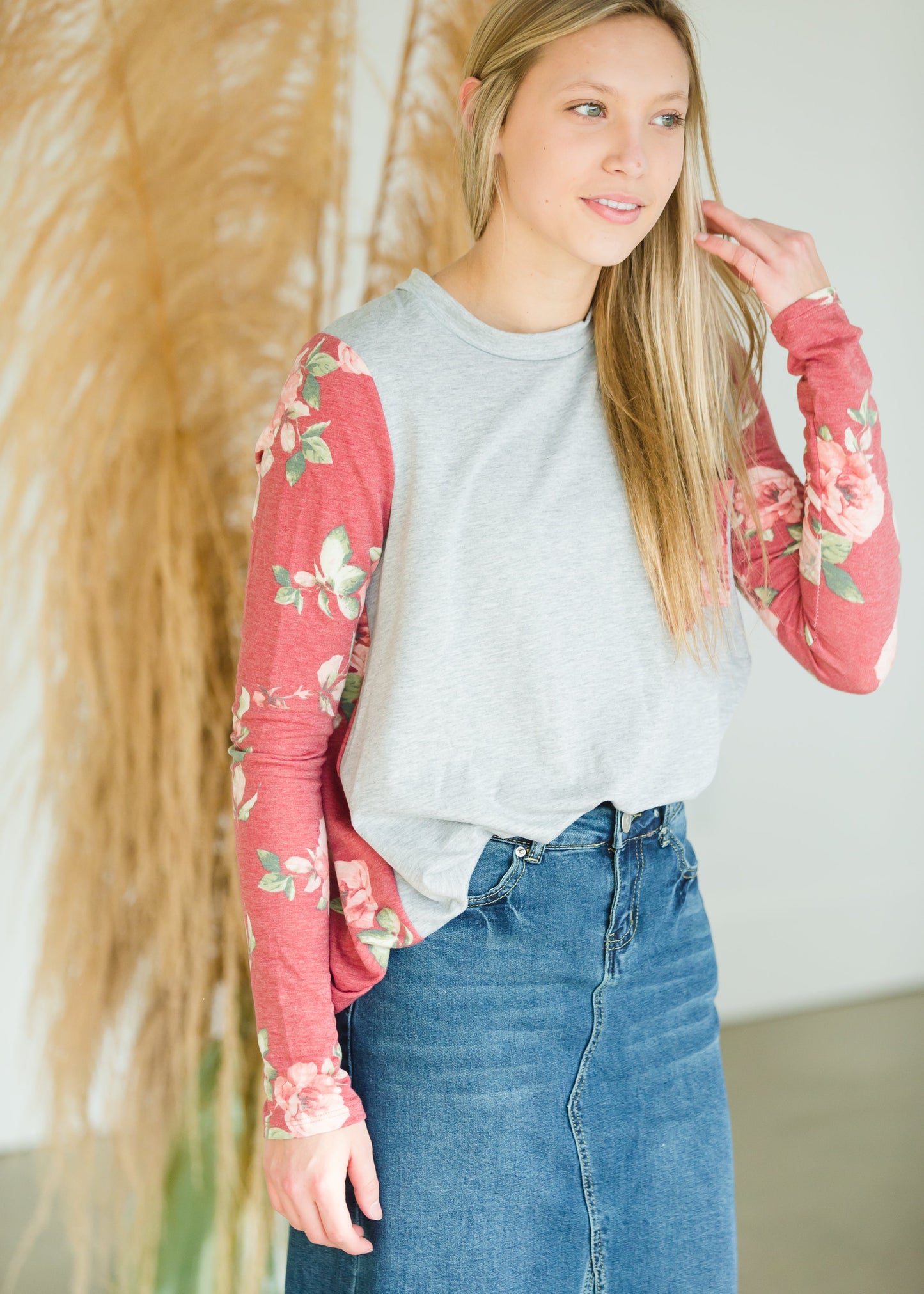 Gray and Floral Contrast Burgundy Top - FINAL SALE Top