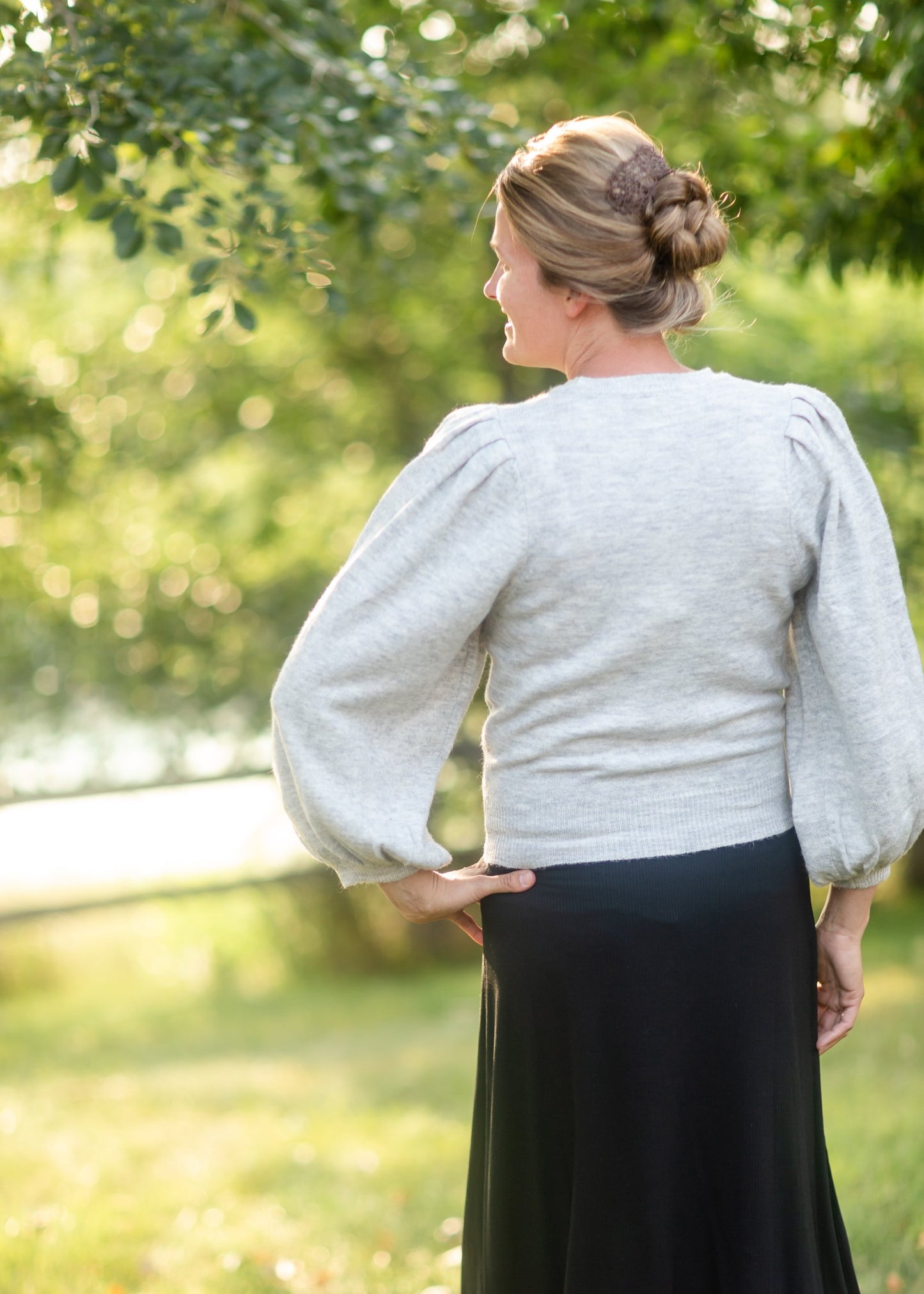 Gray Balloon Sleeve Knit Sweater Tops Grade & Gather