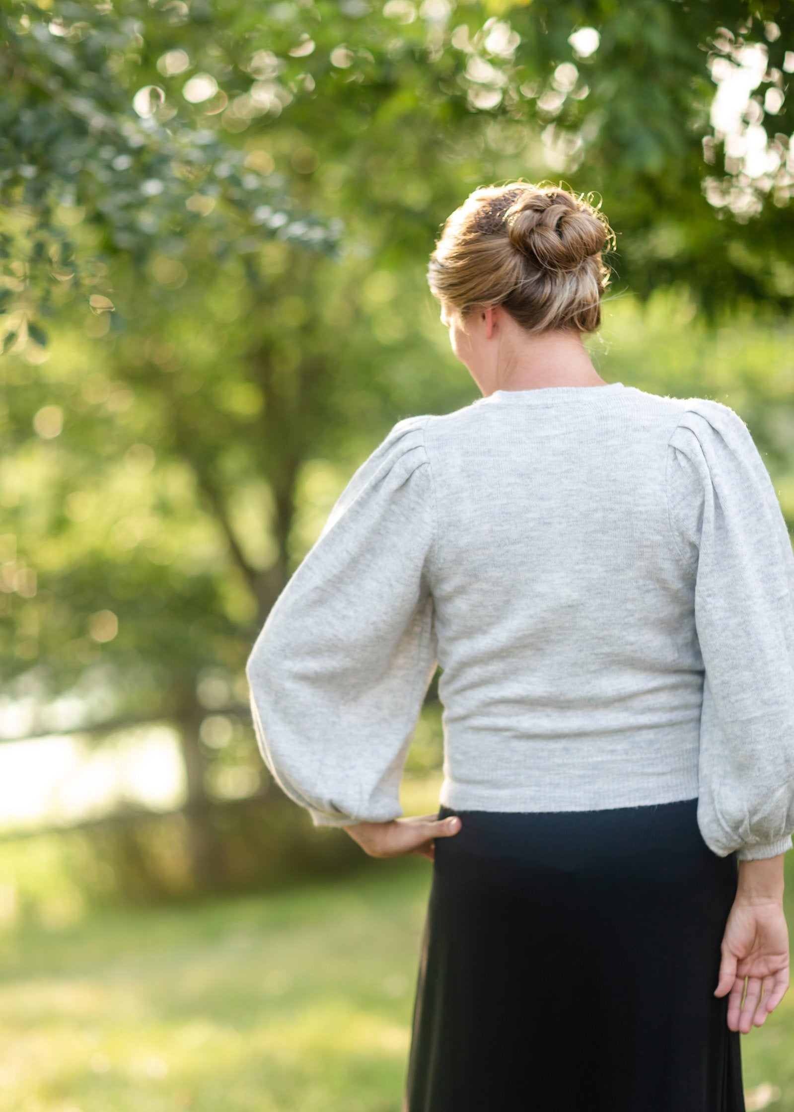 Gray Balloon Sleeve Knit Sweater Tops Grade & Gather