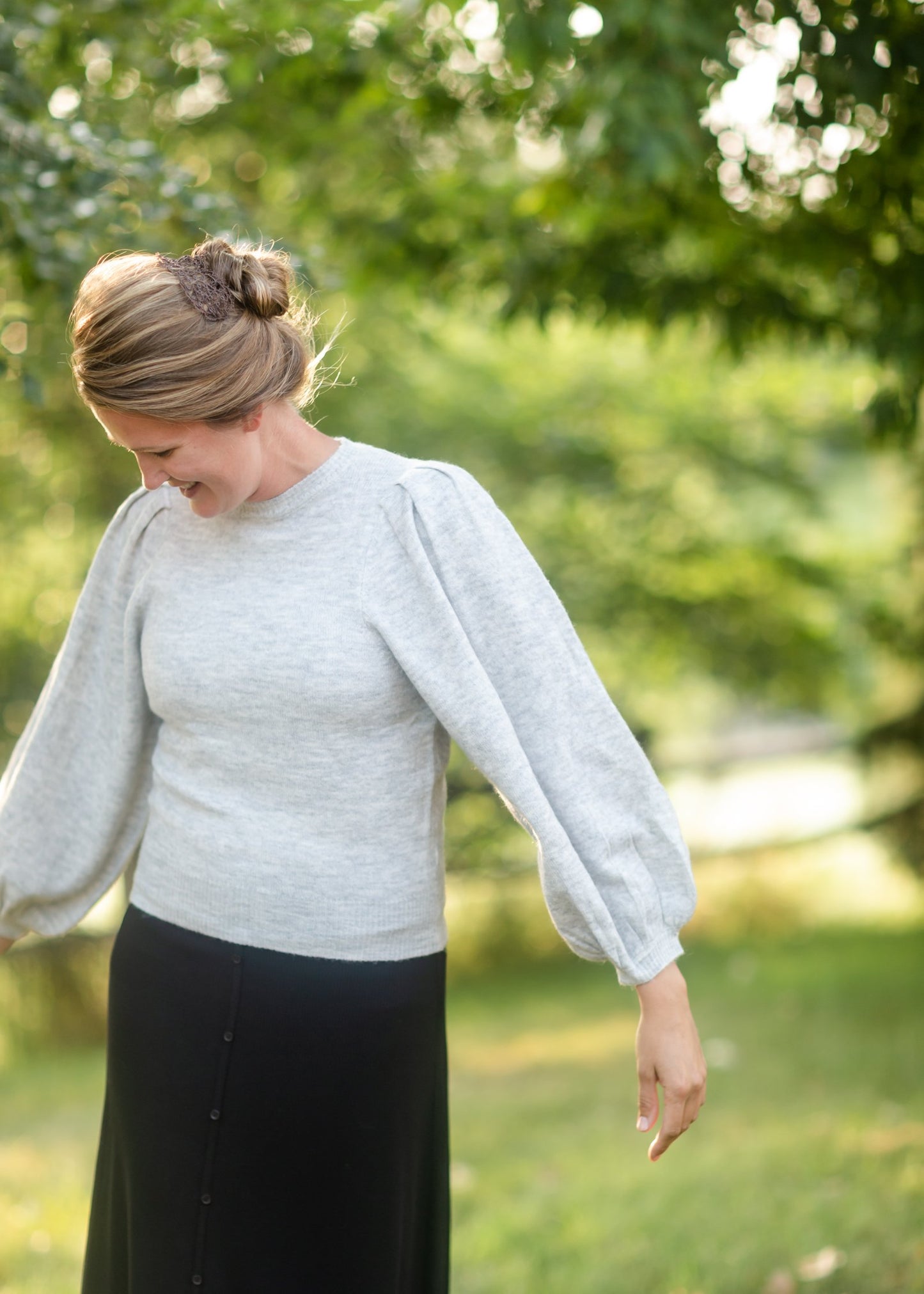 Gray Balloon Sleeve Knit Sweater Tops Grade & Gather