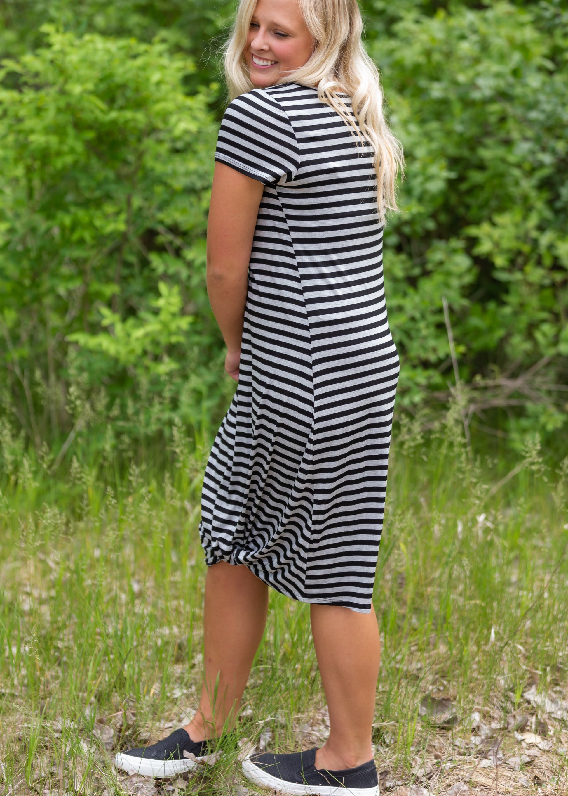 Gray + Black Striped Bottom Knot Midi Dress Dresses