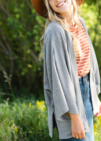 Gray Brushed Cotton Kimono Sleeve Cardigan - FINAL SALE Tops