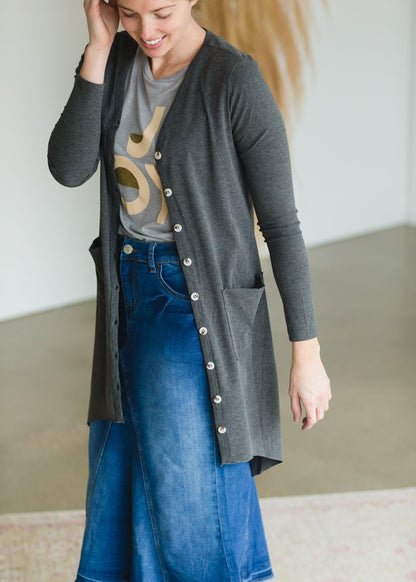 Gray Button Front Long Cardigan - FINAL SALE Tops