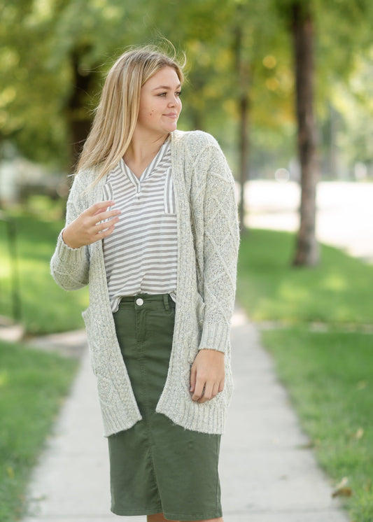 Gray Chunky Cable Knit Cardigan Tops Staccato