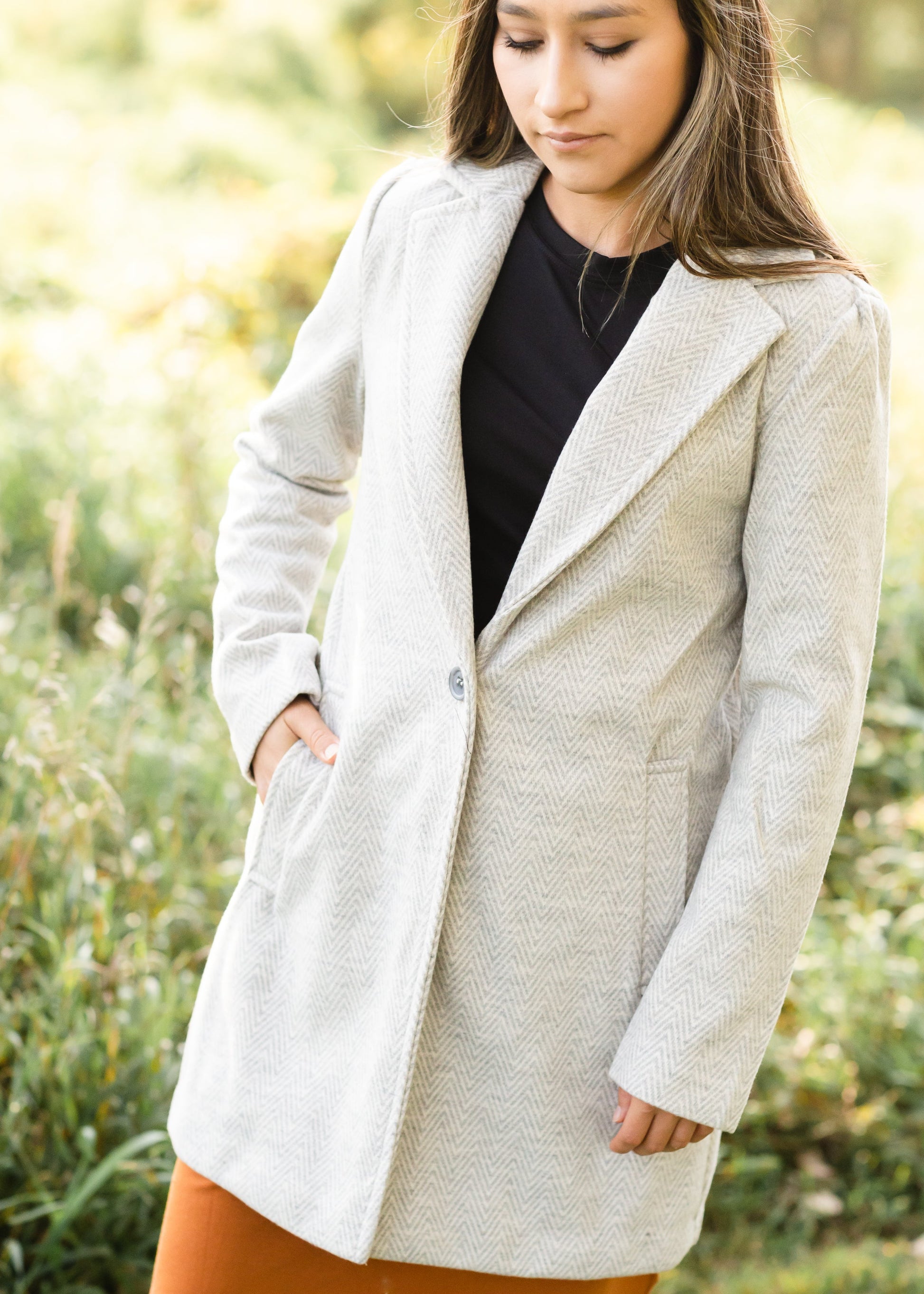 Gray Collared Herringbone Coat Top