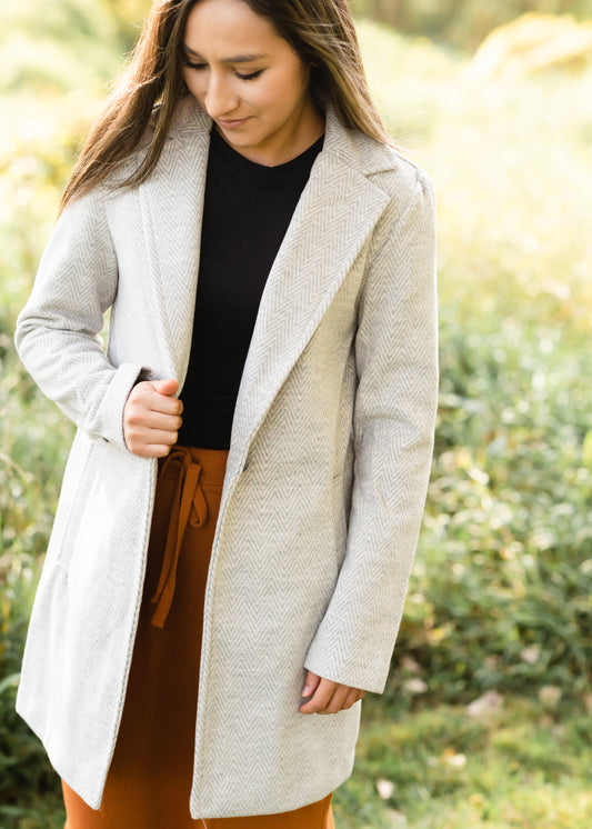 Gray Collared Herringbone Coat Top