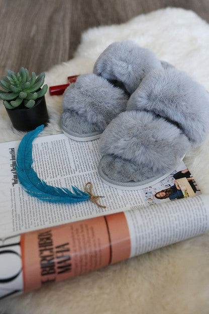 Gray Faux Fur Double Strap Slide Slippers