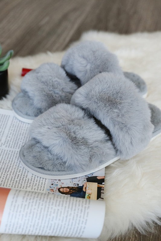 Gray Faux Fur Double Strap Slide Slippers