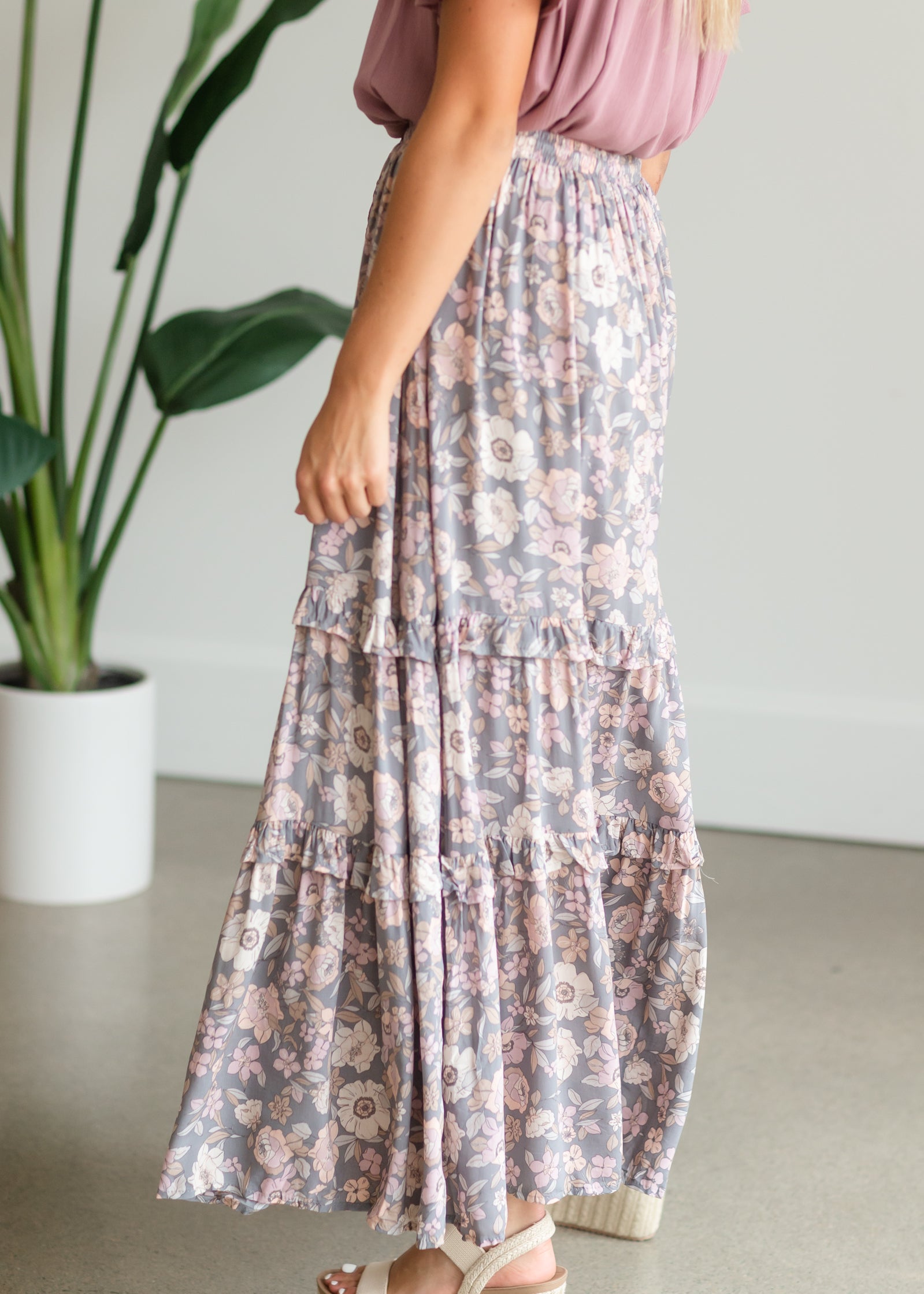 Gray Floral Tiered Maxi Skirt - FINAL SALE Skirts