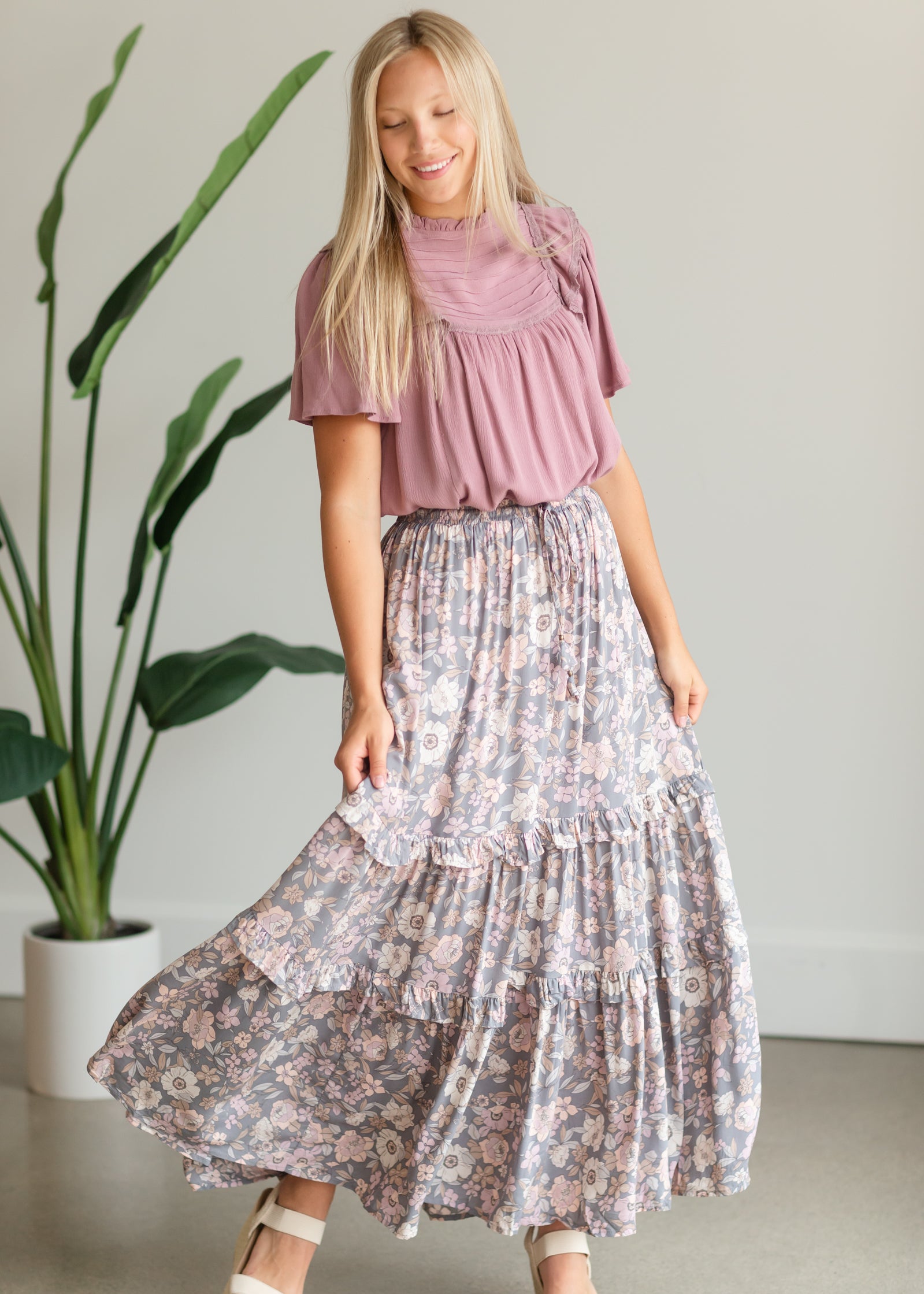 Gray Floral Tiered Maxi Skirt - FINAL SALE Skirts