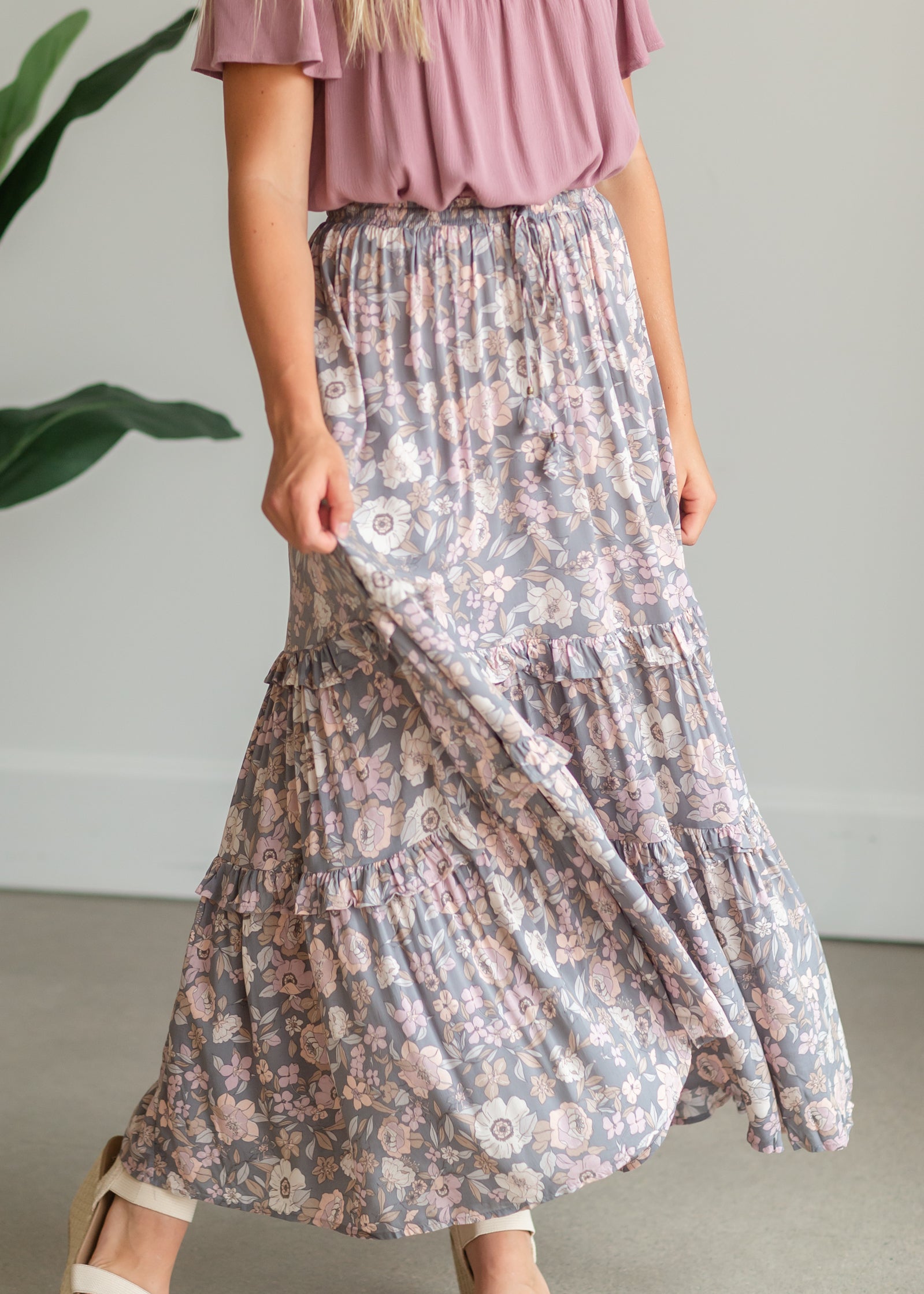 Gray Floral Tiered Maxi Skirt - FINAL SALE Skirts