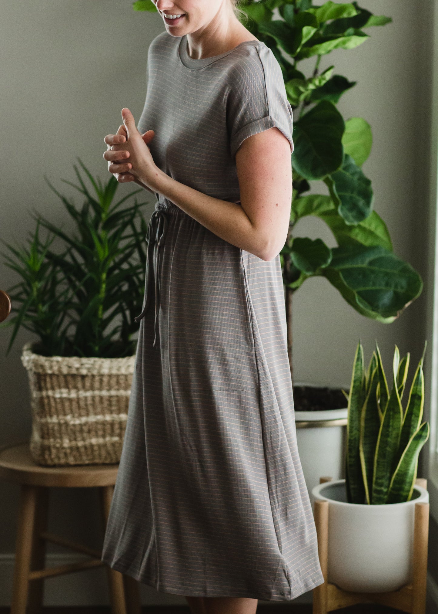 Gray Knit Striped Midi Dress Dresses