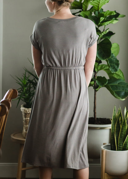 Gray Knit Striped Midi Dress Dresses