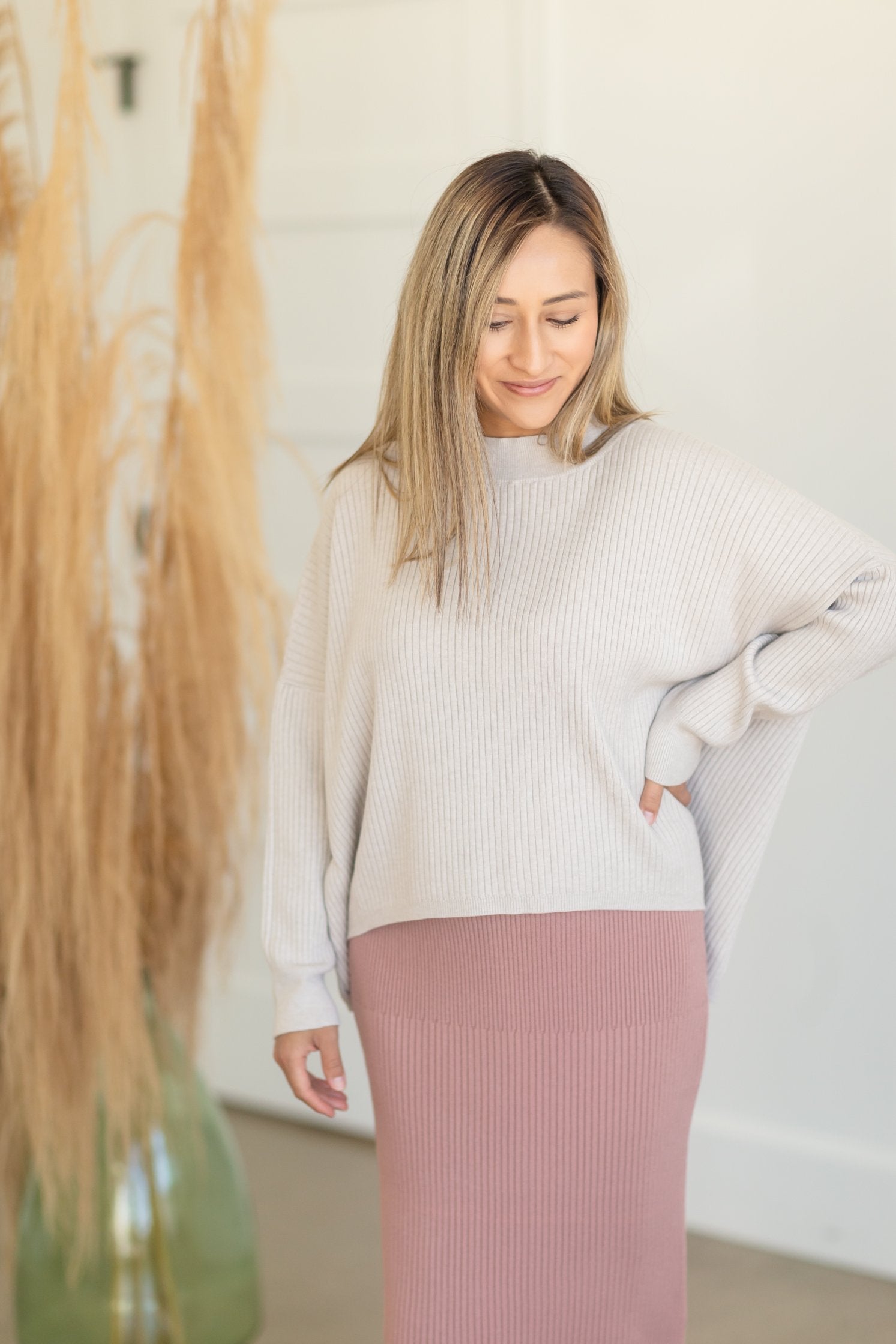 Gray Ribbed Dolman Sleeve Sweater Tops Tea & Rose