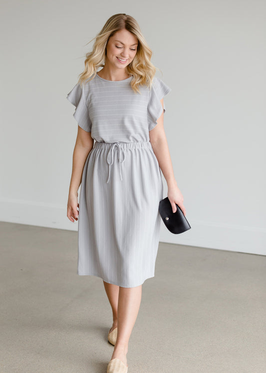 Gray Ruffle Sleeve Striped Midi Dress - FINAL SALE Dresses