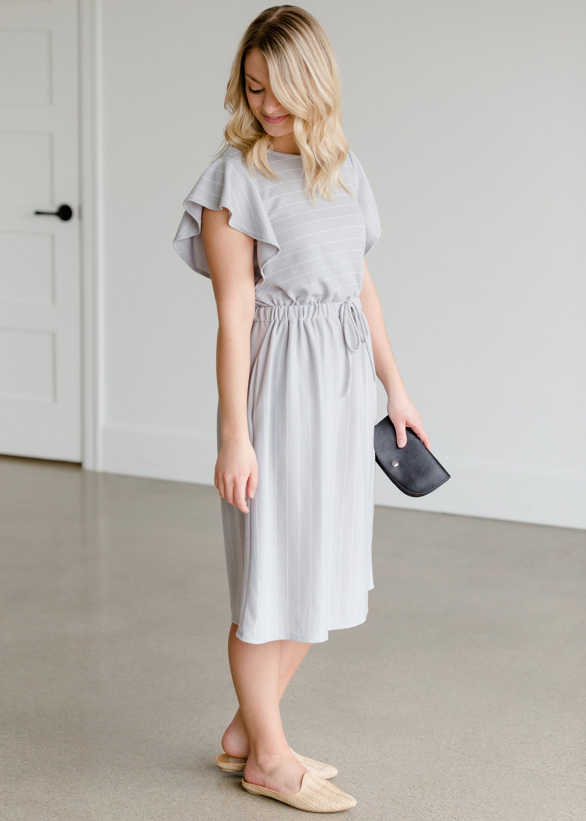 Gray Ruffle Sleeve Striped Midi Dress - FINAL SALE Dresses