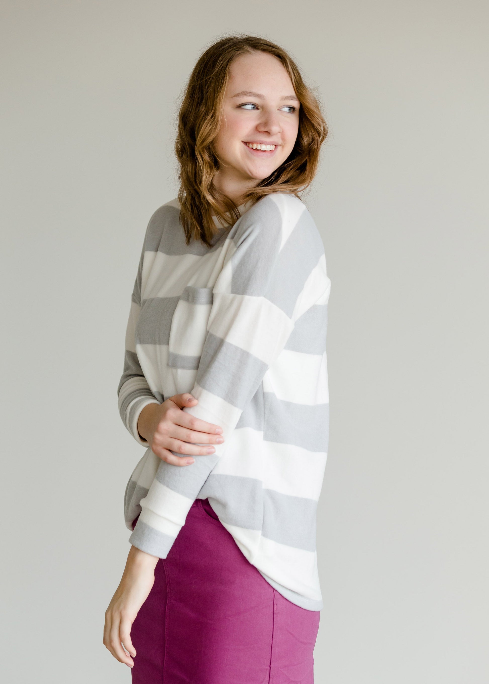 Gray Stripe Drop Shoulder Patch Pocket Top - FINAL SALE Tops