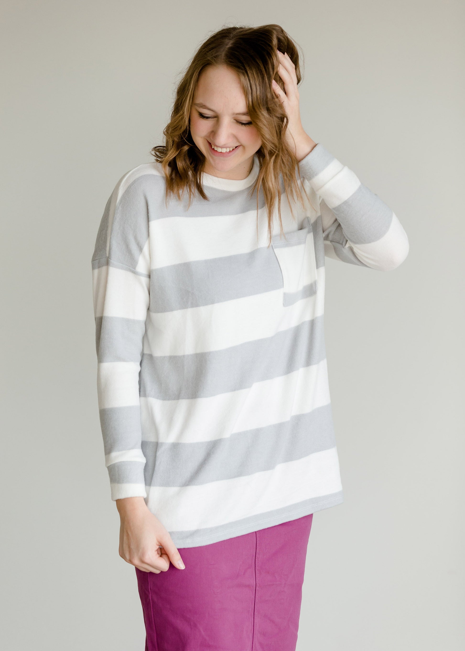 Gray Stripe Drop Shoulder Patch Pocket Top - FINAL SALE Tops