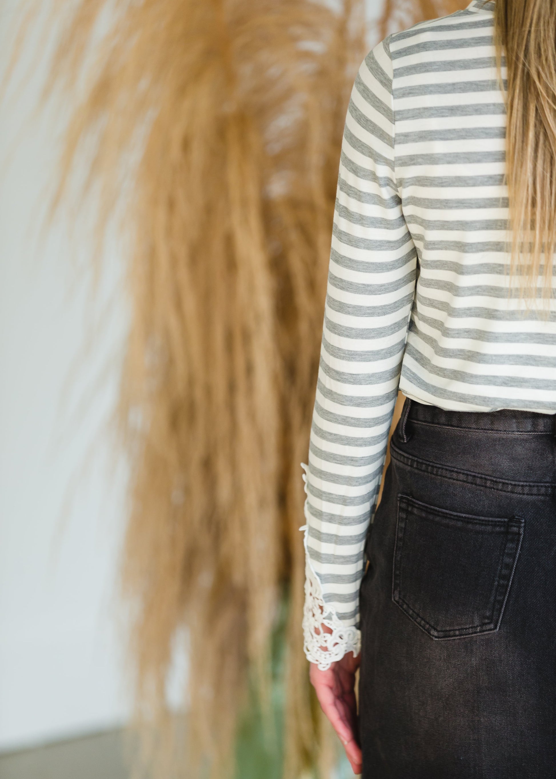 Gray Striped Crochet Patch Top - FINAL SALE Top