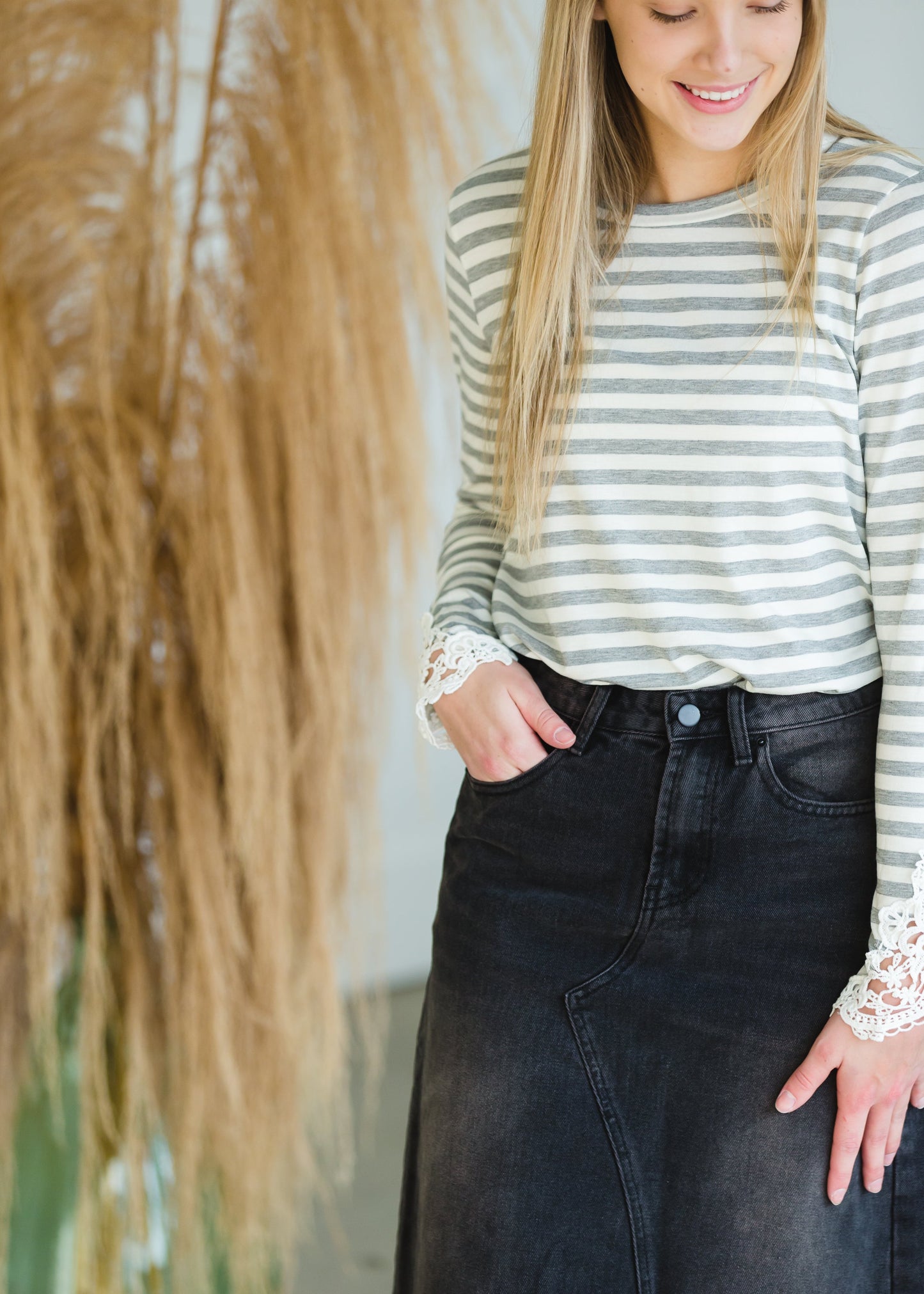 Gray Striped Crochet Patch Top - FINAL SALE Top