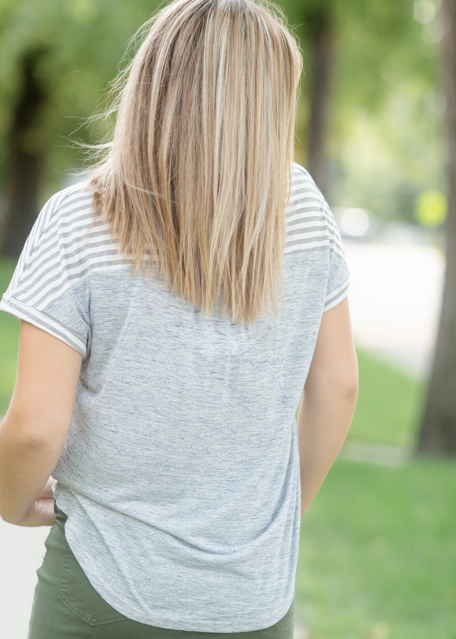 Gray Striped Double Pocket Top Tops VOY