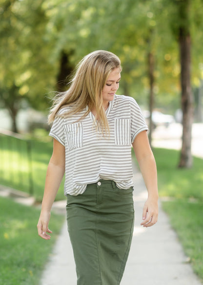 Gray Striped Double Pocket Top Tops VOY