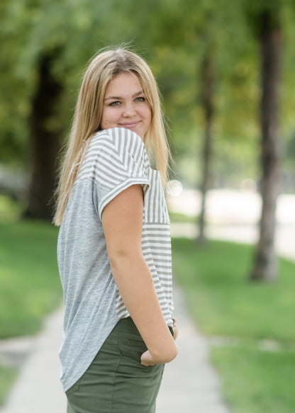 Gray Striped Double Pocket Top Tops VOY