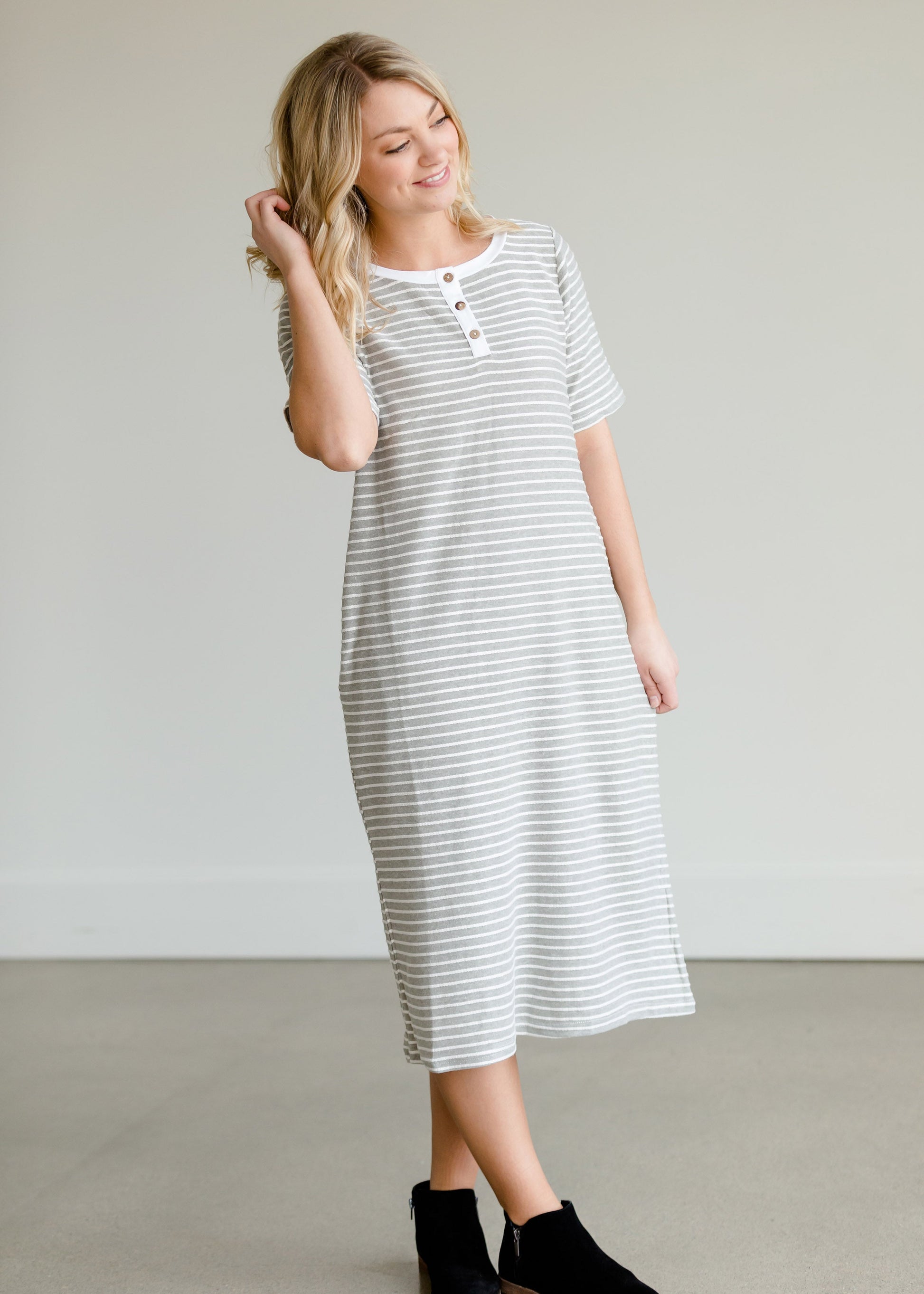 Gray Striped Textured Midi Dress - FINAL SALE Dresses