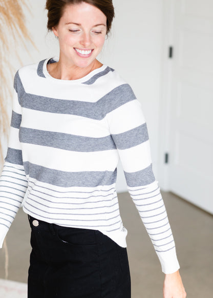 Gray Striped Tulip Hem Lightweight Sweater - FINAL SALE Tops