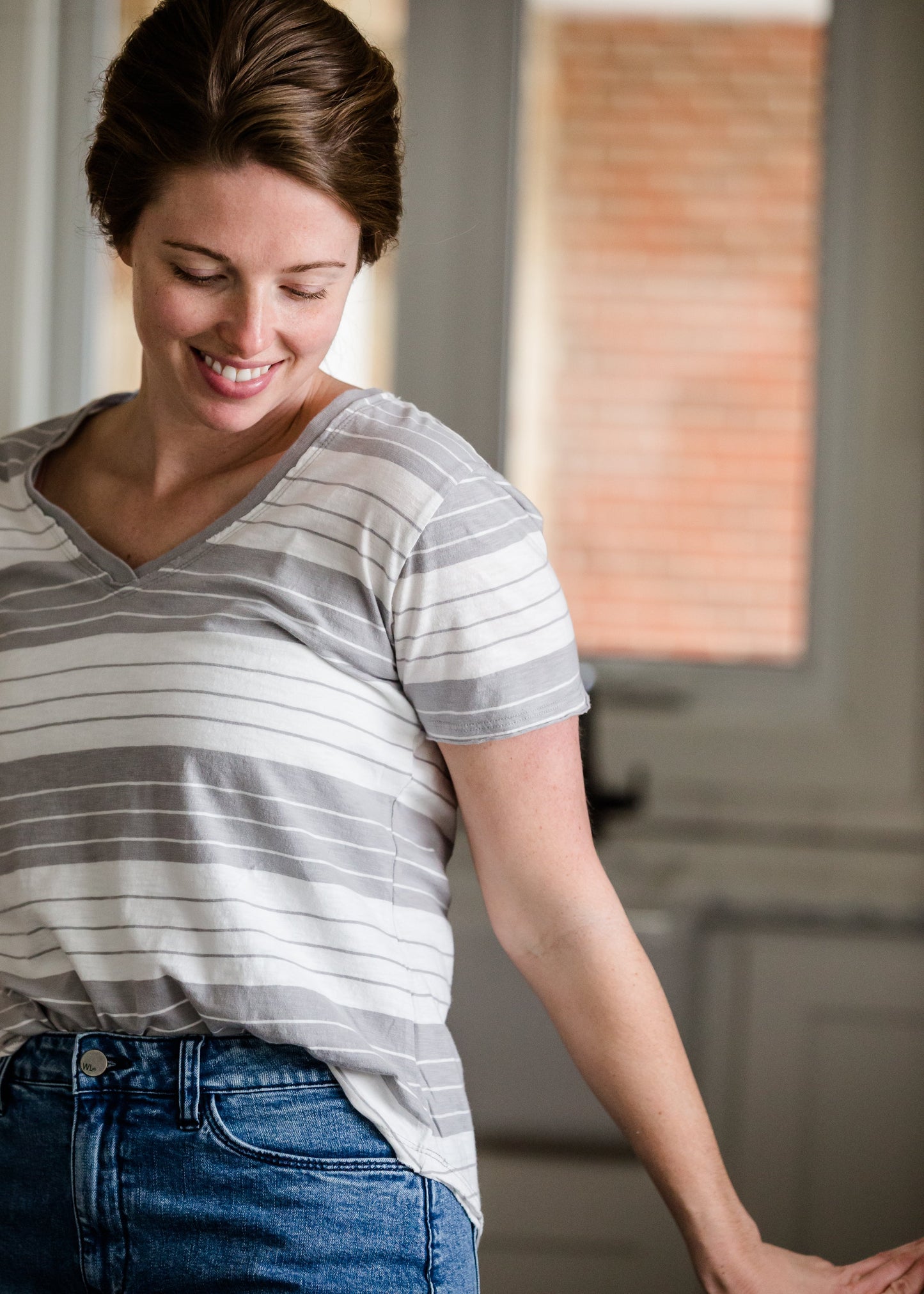 Gray + White Slouchy V-Neck Tee - FINAL SALE Tops