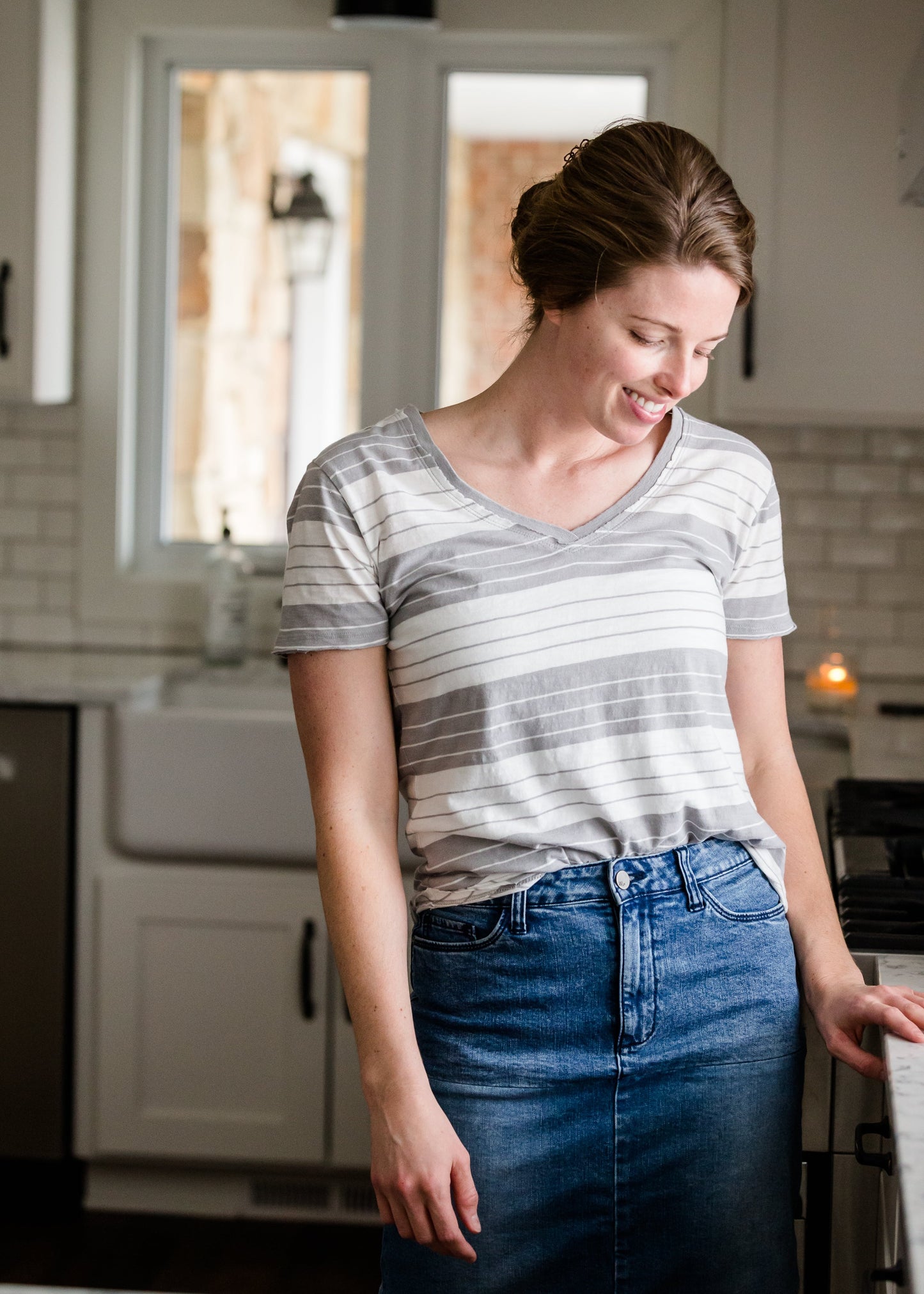 Gray + White Slouchy V-Neck Tee - FINAL SALE Tops