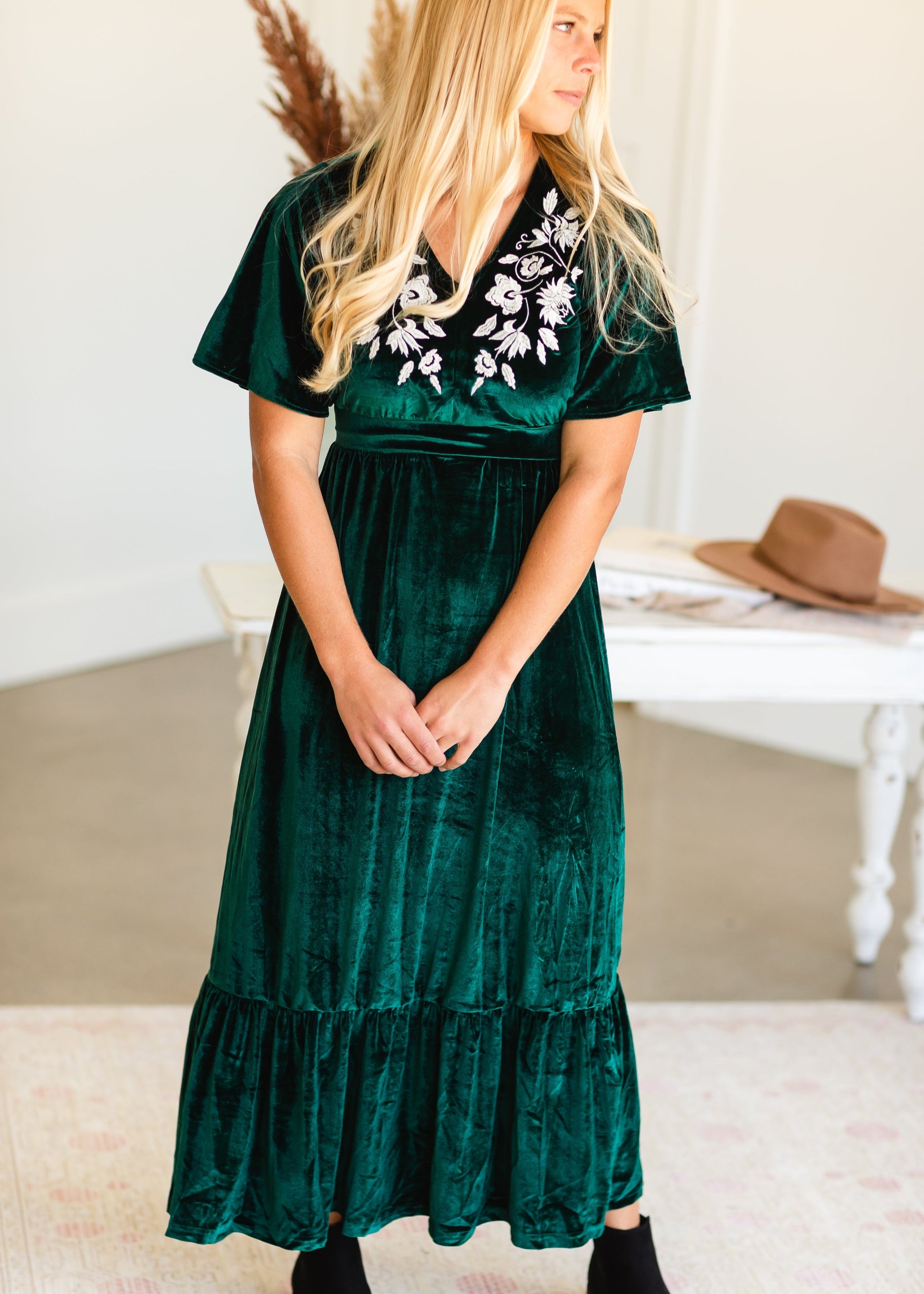 Green Embroidered Velvet Maxi Dress Dresses