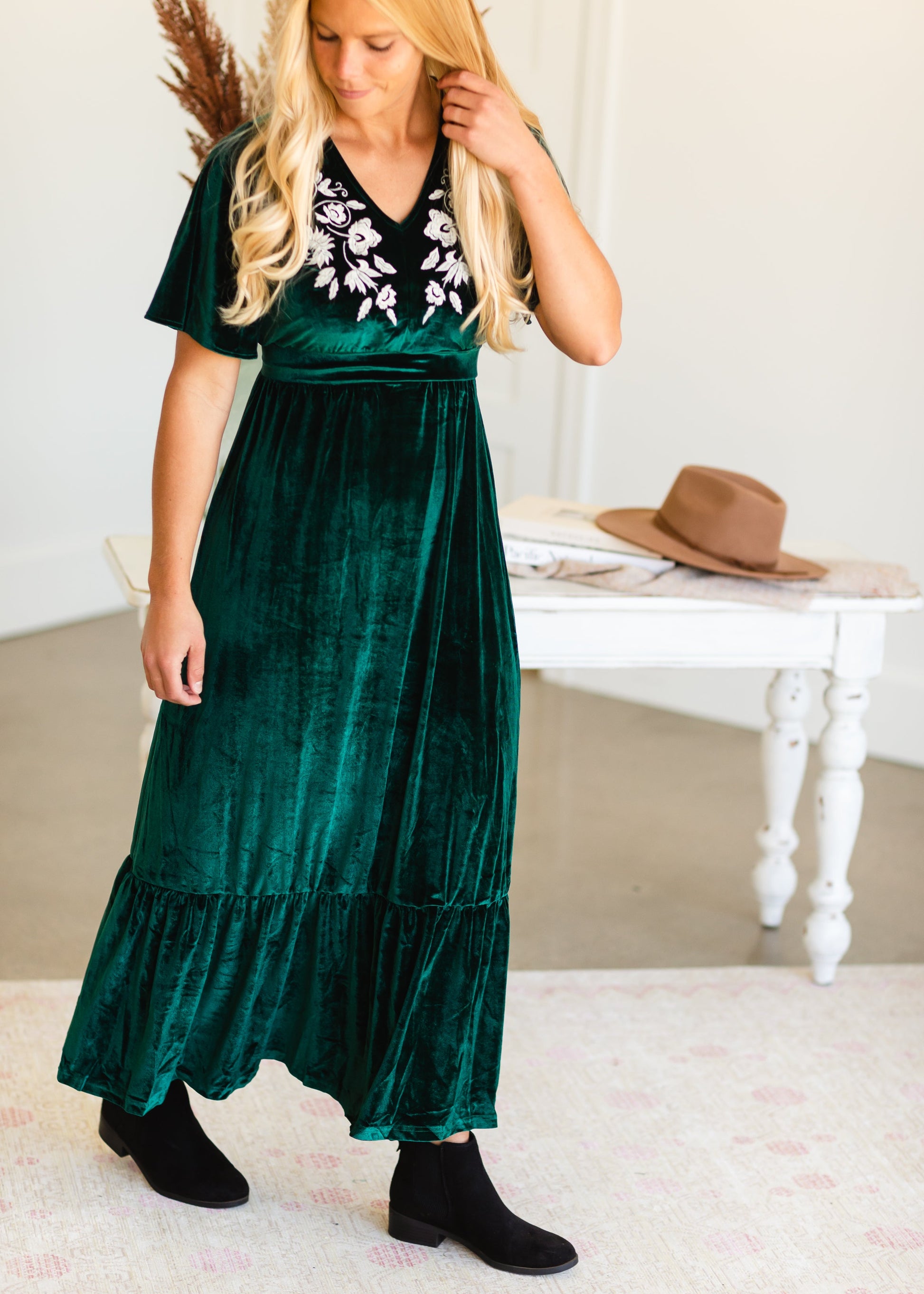 Green Embroidered Velvet Maxi Dress Dresses