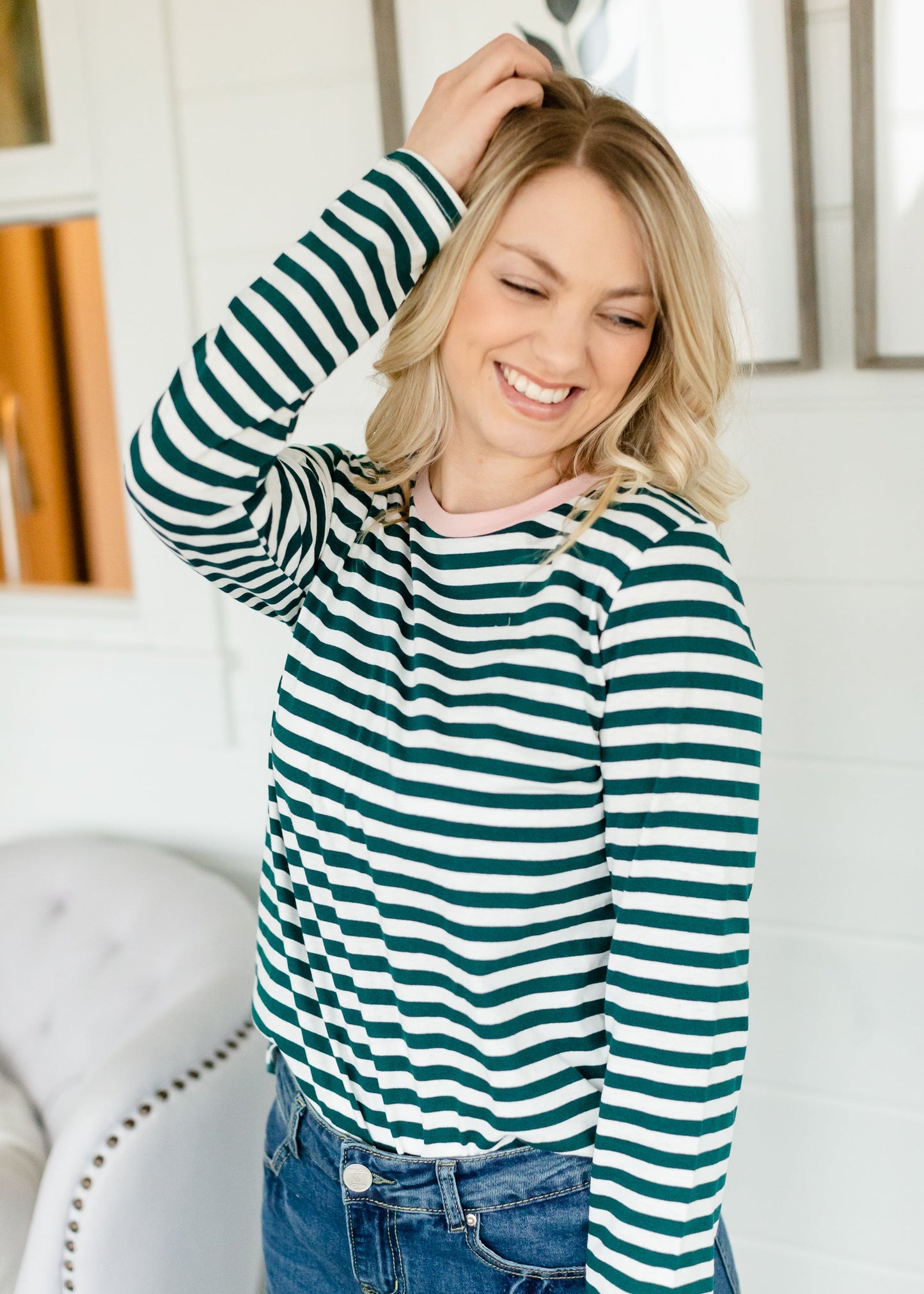 Green Striped Pink Detail Top - FINAL SALE Tops