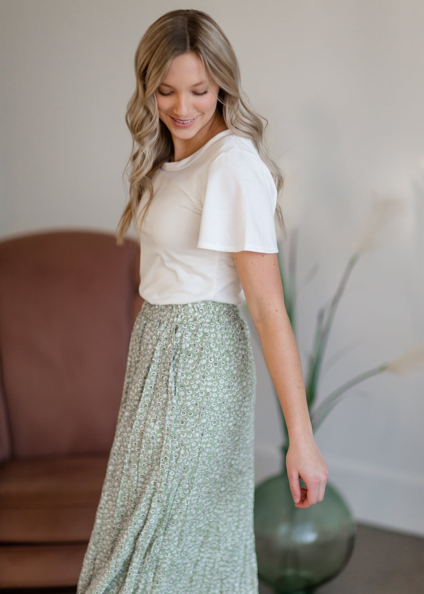 Green Tiny Floral Maxi Skirt Skirts Mikarose